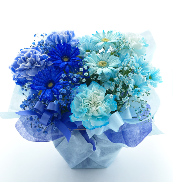 ブルーとターコイズの花　誕生日のフラワーアレンジメント