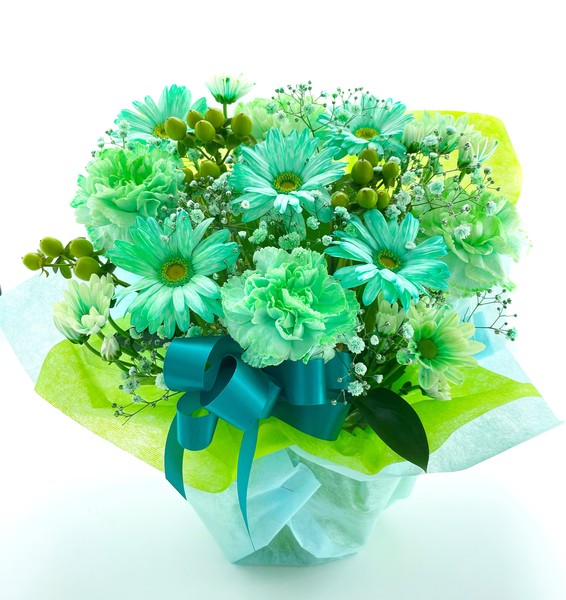 周年祝いの花　染め花を使ったグリーンのアレンジメント　7000円