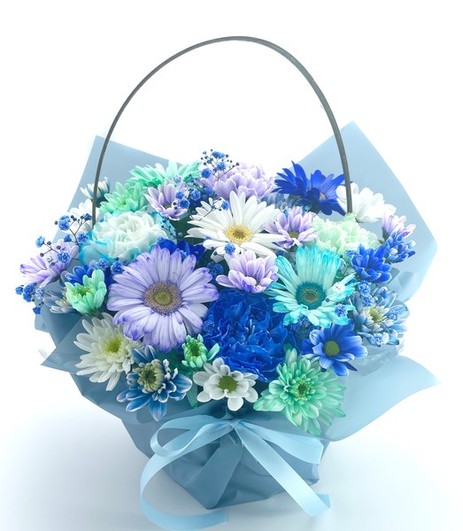 周年の祝いの花　ブルーと白色のフラワーアレンジメント　5000円