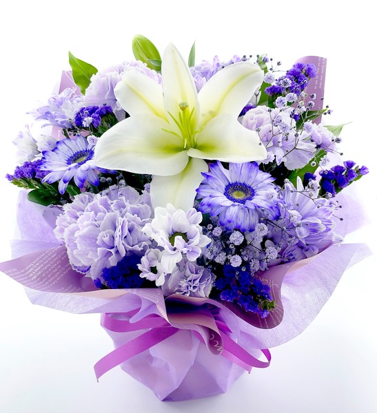 おしゃれな紫とユリのお供え花