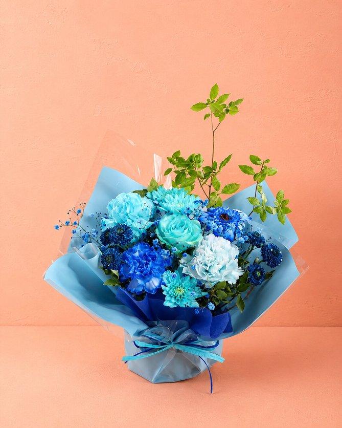 【青色のお供え花】ペットのお供え5000円の制作事例｜東京都府中市へお届け